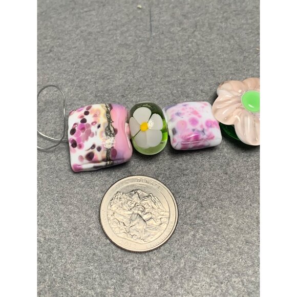 Handmade Lampwork Glass Beads Set with Floral & Pink/Blue Patterns - Picture 2 of 5